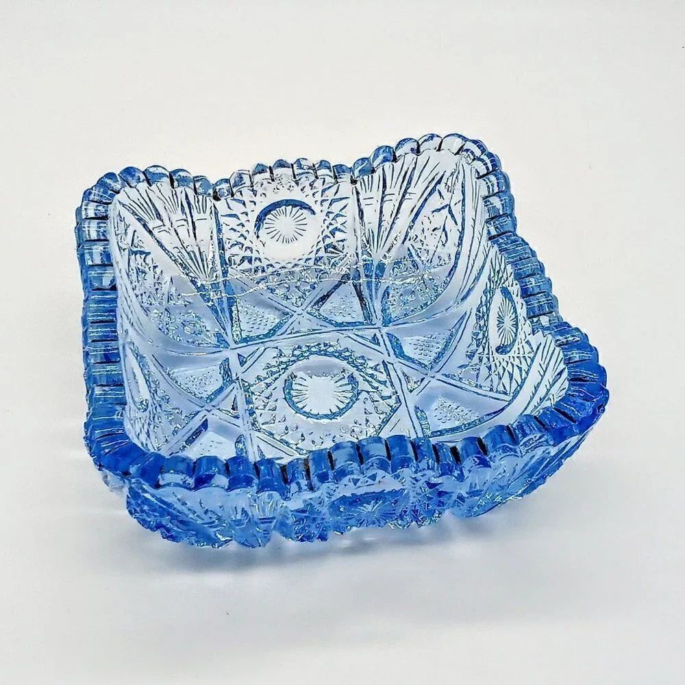 Vintage Square Blue Glass Sawtooth Rim Candy Dish